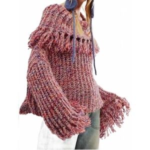 FREE PEOPLE One Kinsley Wool Alpaca Blend Fringe Cowlneck Oversized Sweater